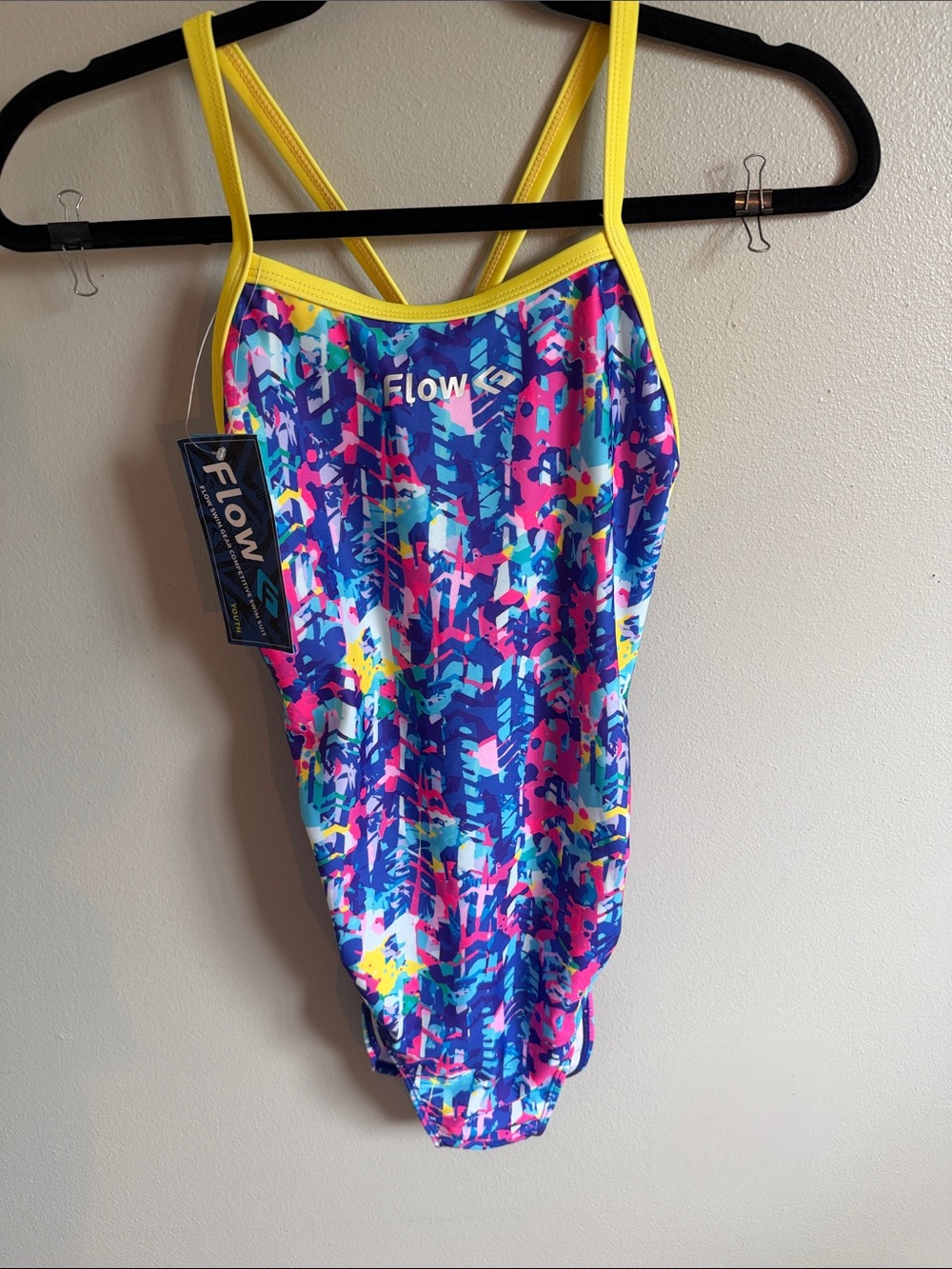 Flow Youth One-Piece Swimsuit - Bright Multi Color with Yellow Trim